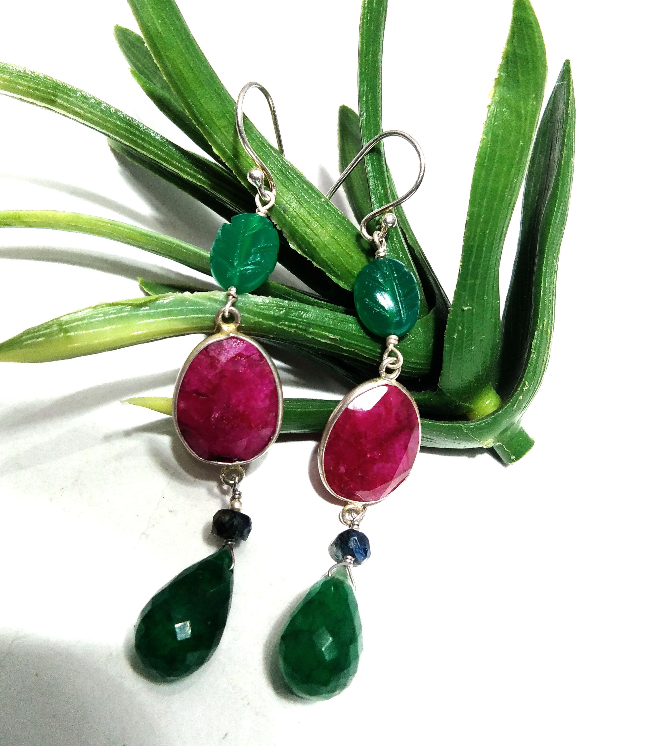 Red Ruby/Green Jade Earring, 925 Solid Starling Silver Earring, Amazing Ruby Stone Handmade Earring, Gift Women Christmas Earring Jewelry